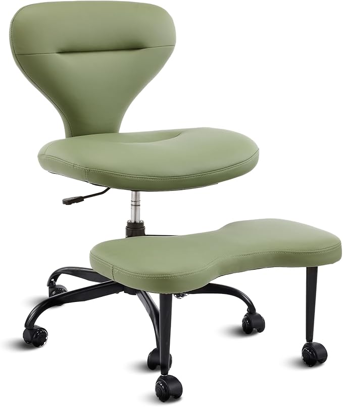 YFO Ergonomic Cross Legged Office Chair and ADHD Meditation Chair with Silent Wheels for Home Office Desk Chair and Yoga, Wider Backrest Support and Storage Pockets Design, PU Leather, Green