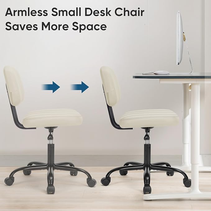 DUMOS Small Office Desk Chair - Armless PU Leather with Comfy Lumbar Support, Height Adjustable Rolling Swivel Task for No Arms, for Adult, Student, Bedroom, Home, Vanity, Beige White