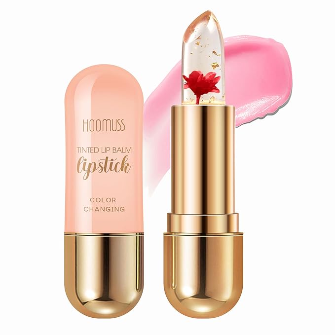 Tinted Lip Balm Flower Lipstick Tinted Lip Gloss Long Lasting PH Lipsticks Color Changing Lipstick Natural Chapstick Glitter Pink Lip Stick, Red Flower