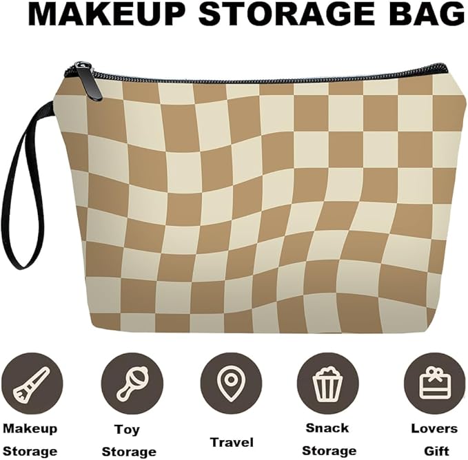 Personalized Brown Checkered Makeup Bag set with Mirror for Women, Checkered Travel Cosmetic bag kit with10 pieces pink brush set，Brown Plaid Gifts for Girls Mom Femal Friends