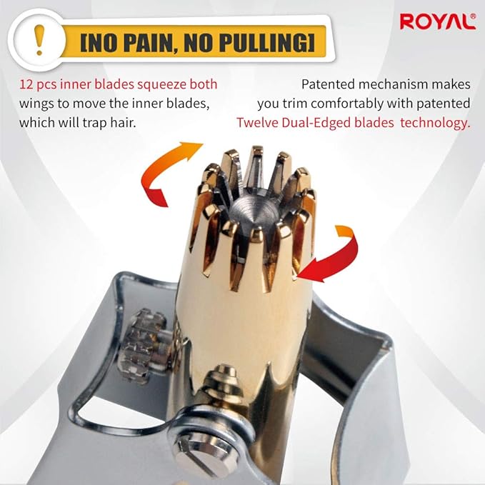ROYAL [Made in Korea] Gold Nose Hair Trimmer for Men, Golden Birdie, Allergy-Free, Manual, Battery-Free, Waterproof, Painless with Twelve Dual-Edged Blades, Patented Mechanism ET-4PG