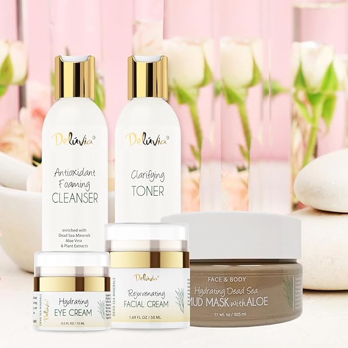 Deluvia Premium Facial Kit, Skin Care Products Set, Gentle Foaming Cleanser Face Wash, Clarifying Facial Toner, Face Moisturizer, Hydrating Under Eye Cream, Dead Sea Mud Mask