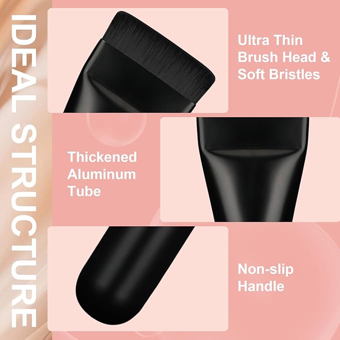 Flat Foundation Brush with Puff, Beautyfactor Ultral Thin Spatula Makeup Brush with Sponge for Liquid Makeup | Fast Flawless Korean Kabuki Brushes for Blending, Liquid, Cream, Blush, Buffing（Black）