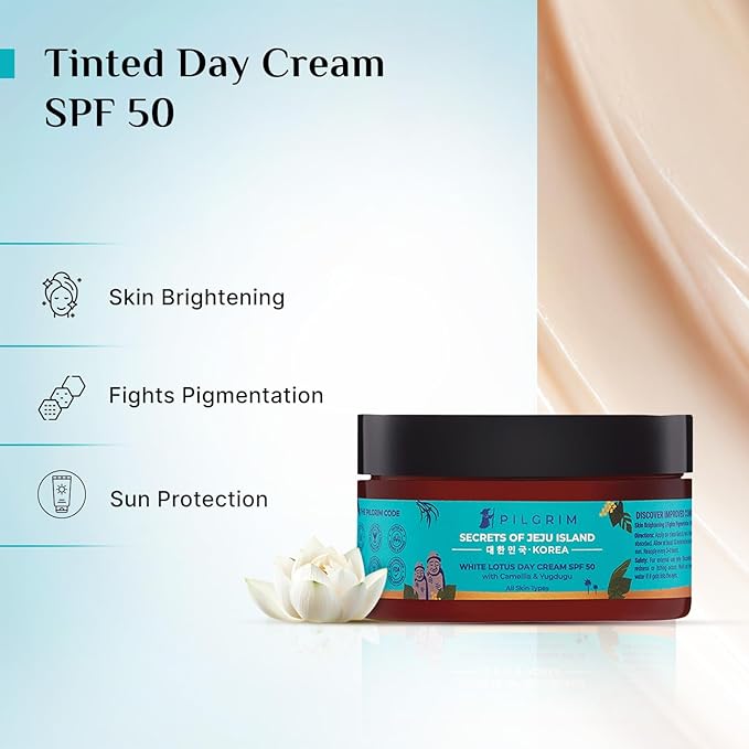 Pilgrim Korean White Lotus Day Cream SPF 50 (PA+++) & Face Mist & Toner With Camelia & Yugdugu | Skin Brightening |Reduces Fine Lines & Wrinkles| Deep Nourishment|Fights Pigmentation
