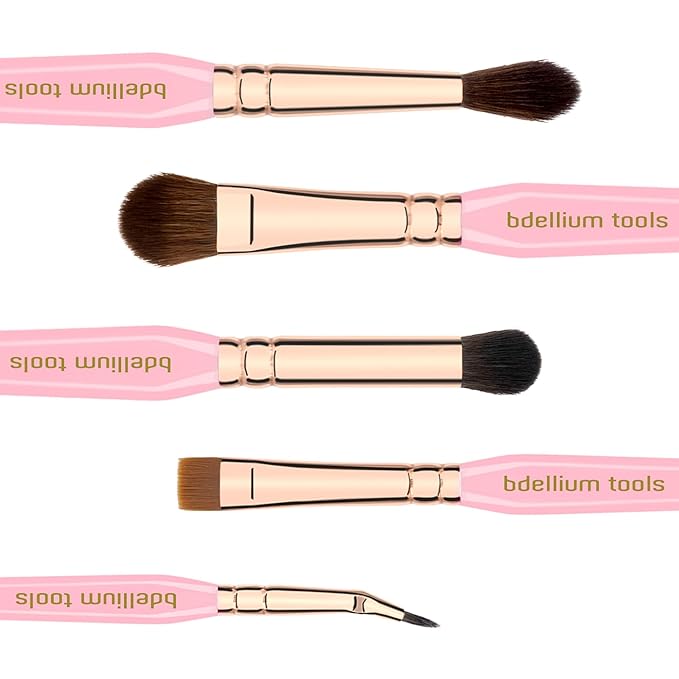 Bdellium Tools Pink Golden Triangle Eyes Makeup Brush Set - Versatile Eye Essential Brush Kit with Soft Synthetic Bristles and Rose Gold Brass Ferrule for a Range of Eye Styles (Pink, 5 pcs)