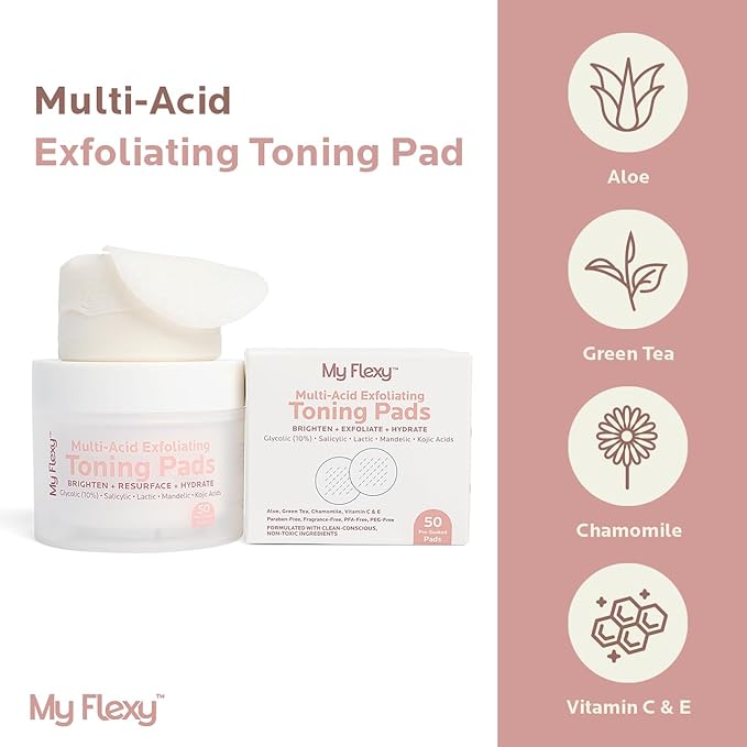 Multi Acid Toner Pads, Exfoliating Face Pads with Glycolic, Lactic, Mandelic, Kojic, & Salicylic Acid. Skin Pore Reducing, Toning, Resurfacing Facial Treatment for Wrinkles & Dull skin-50 Count