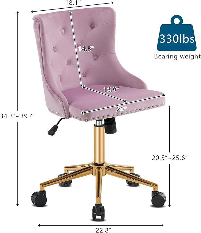 VINGLI Mauve Purple Armless Home Office Desk Chair with Gold Base/Wheels, Small Cute Vanity/Makeup Chair with Back for Bedroom, Upholstered Adjustable Rolling Swivel Nail Chair for Women/Girls