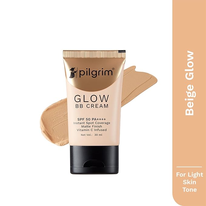 Pilgrim Beige Glow BB Cream SPF 50 PA++++ with Vitamin C | Medium Skin Tone | Lightweight Matte Makeup for Daily Wear, Sheer Coverage & Smooth Finish | 1.01 Fl Oz (30ml)