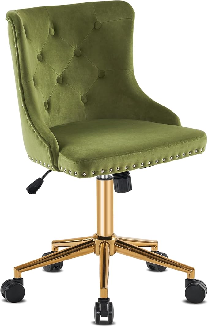 VINGLI Olive Green Velvet Armless Office Desk Chair with Gold Base/Wheels, Small Cute Vanity/Makeup Chair with Back for Bedroom, Upholstered Adjustable Rolling Swivel Nail Chair for Women/Girls