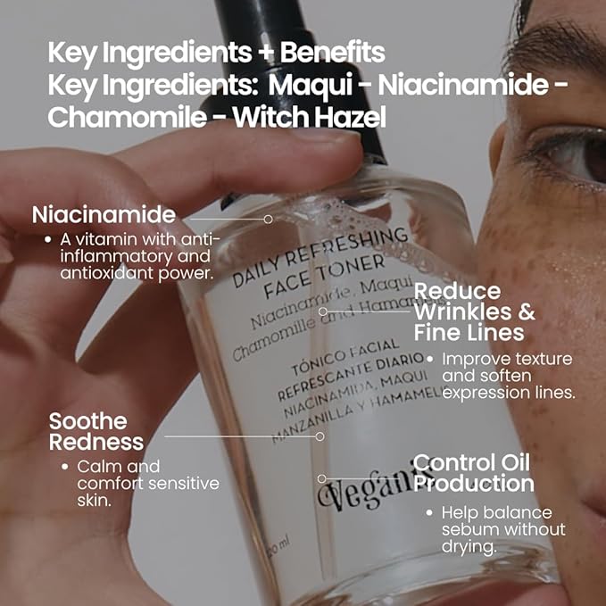 Daily Refreshing Face Toner Mist with Niacinamide, Maqui, Chamomile & Witch Hazel — Hydrating Soothing Astringent, 4.22 Fl Oz