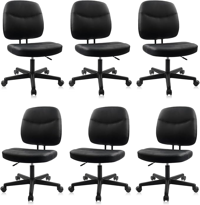 CLATINA Armless Home Office Chair,Small PU Leather Ergonomic Low Back Desk Chair with Lumbar Support and Wheels, Adjustable Height 360° Swivel Rolling Computer Task Chair, Black, 6 Pack
