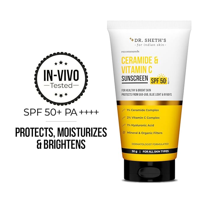 Dr. Sheth's Ceramide & Vitamin C Sunscreen In-Vivo Tested Protects, Moisturizes & Brightens Skin SPF 50+ PA++++ Lightweight, Leaves No White Cast 50 g