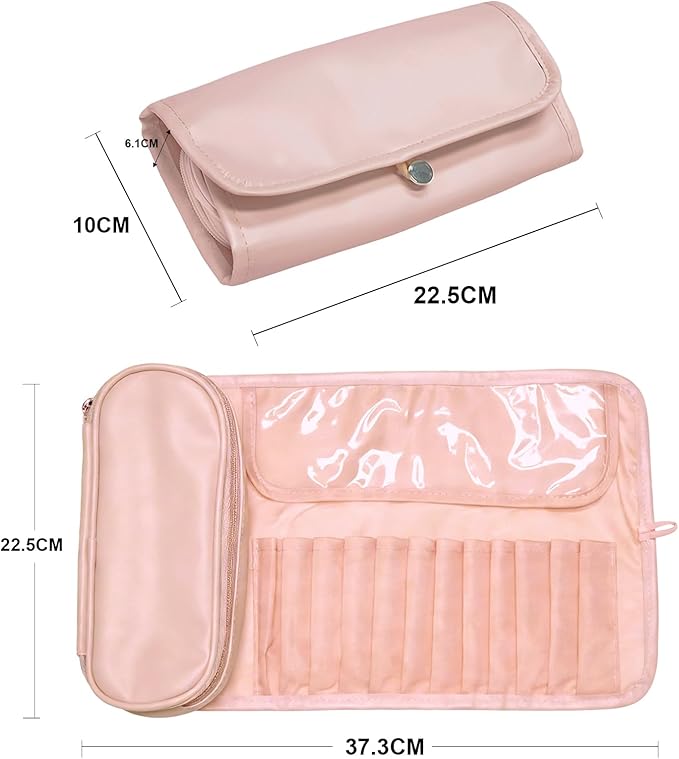 Portable Folding Makeup Brush Bag,Travel Toiletry Bag with Dividers & Independent Partition for Brushes & Skincare, Toothbrush Holder,Rolling & Open Flat cosmetic Organizer,Waterproof &Hanging (Pink)