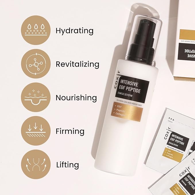 coxir Intensive EGF PEPTIDE Emulsion l Youth Activating Moisturizer for Face with EGF(Epidermal Growth Factor),Multi-Peptides l for Dull,Aged Skin and Damaged Skin [100ml/3.38 fl.oz]