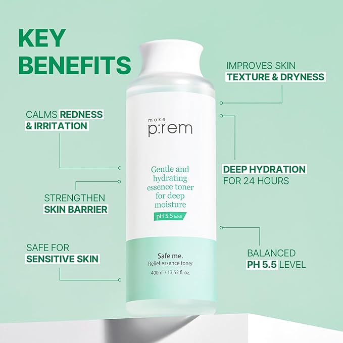 Make P:REM Safe Me. Relief Essence Toner, Quick and Deep Hydrating Face Toner, All Skin Types, 24-Hour Moisturizing, EVE Vegan, Korean Skin Care (6.76 fl oz, 200ml)