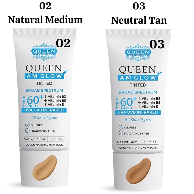QUEEN AM GLOW | TINTED SunScreen SPF 60 Primer-Anti Aging, Face Moisturizer- Vitamin B3, B5, E- Non-Greasy, Silky Touch, oil free, fragrance free by QUEEN NATURAL NEW YORK (Pack of 1)