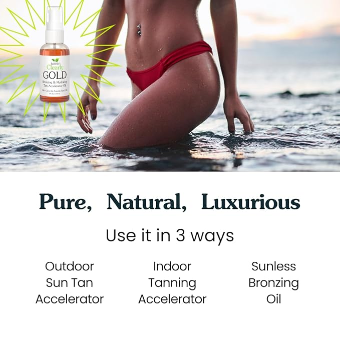 Isabella's Clearly GOLD, Natural Indoor and Outdoor Tanning Oil with Bronzer | Moisturizing Sun Tan Accelerator for a Healthy Bronze Glow with Carrot Seed Oil | Made in USA
