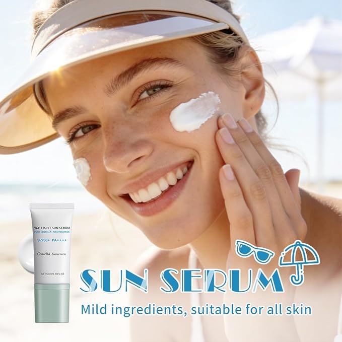 2Pcs Centella Sunscreen SPF50+, Lightweight Hydrating Centella Water-Fit Sun Serum for All Skin Type and UV Defense