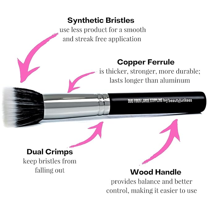Beauty Junkees Stippling Brush Makeup Foundation Brush - Duo Fiber Synthetic Flat Top Stipple Blending Brush for Liquid Foundation, Cream Blush, Vegan Cruelty Free