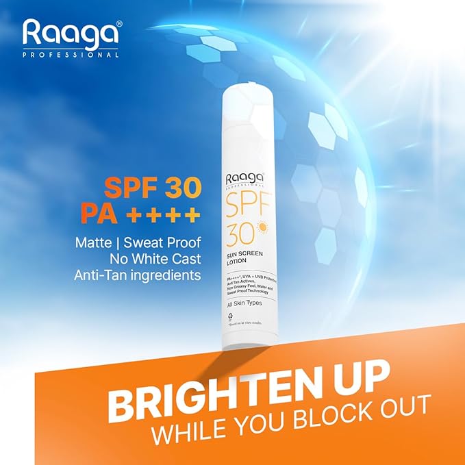 Raaga Professional Sunscreen Lotion SPF 30 | Broad Spectrum UVA & UVB Protection | Lightweight, Non-Greasy & Water-Resistant | Keeps Skin Hydrated | For All Skin Types | 1.86 Fl Oz/55ml