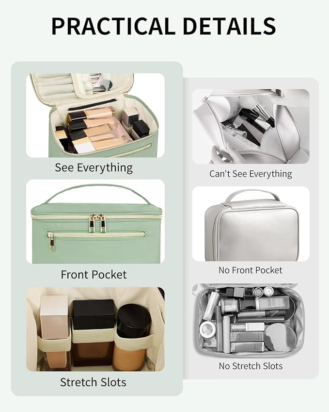 Wandering Nature Large Makeup Bag, Travel Make Up Organizer Cosmetic Brush Bags Case for Women in in Fabric,Sage Green,Patent Pending