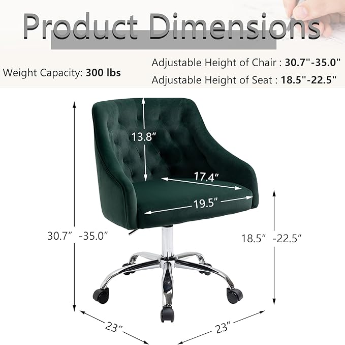 MOJAY Velvet Office Swivel Chair, Vanity Fabric Desk Pretty Fancy Gold Office Chairs for Girls, 360°Swivel Height Adjustable Reception Chair (DarkGreen)