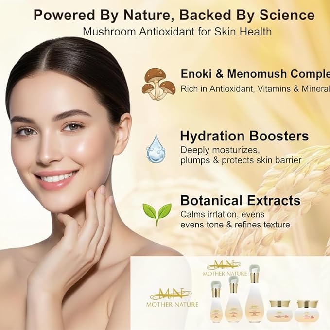MN Mother Nature Enoki Menomush 5-Piece Skincare Set – Cleanser, Toner, Serum, Mask & Moisturizer – Mushroom Antioxidant Complex for Glowing, Radiant Skin – Anti-Aging & Hydrating Daily Routine