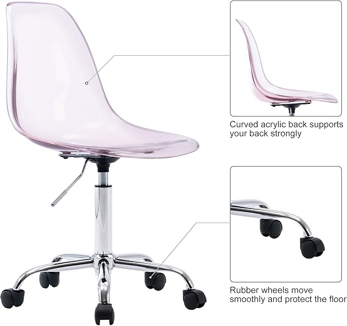 HOMEFUN Clear Desk Chair, Acrylic Rolling Armless Vanity Swivel Height Adjustable Ghost Molded Plastic Home Office Chairs with Wheels, Pink