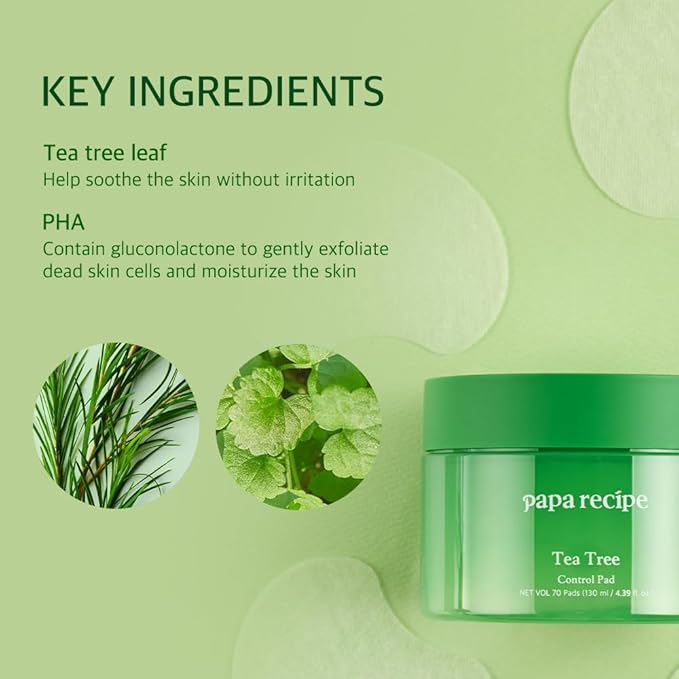 Papa Recipe Tea Tree Control Pad - Soothing Facial Toner Pads with Tea Tree, Gentle PHA Exfoliation, Moisturizing & Calming, Sensitive & Acne-Prone Skin, Korean Skin Care Pads 4.39 fl.oz, 70 Count