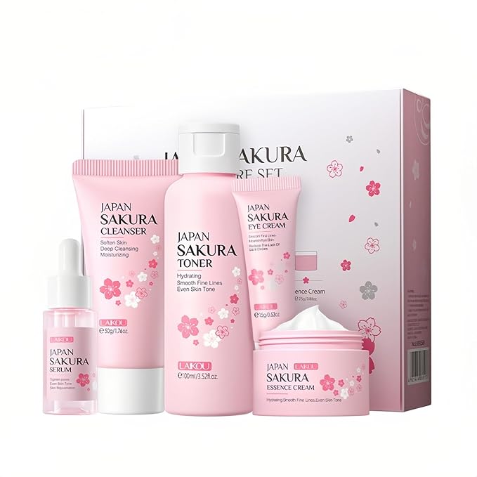 Skincare Set for Women, Skin Moisturizing Kit SAKURA Clean & Care for Teen Girls, Travel Daily Hydration Glowing Kit| Cleanser Toner Serum Eye Cream Face Cream (5PCS)