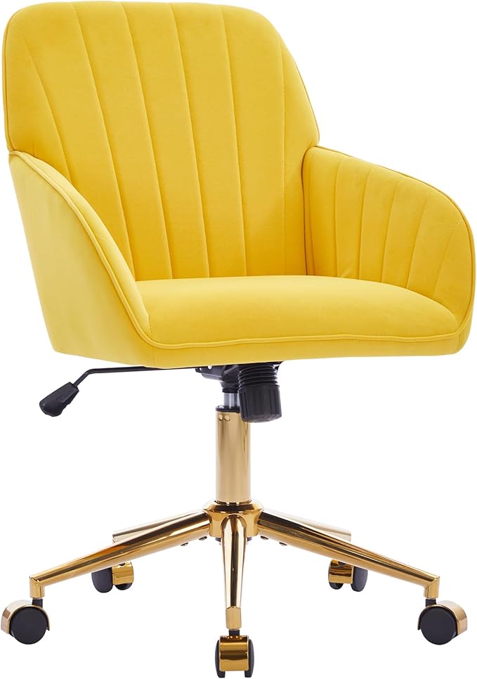 Velvet Home Office Desk Chair, Modern Cute Computer Task Chair with Back, Height Adjustable Upholstered Vanity Chair with Swivel Wheels for Women, Girls (Gold Base, Lemon Yellow