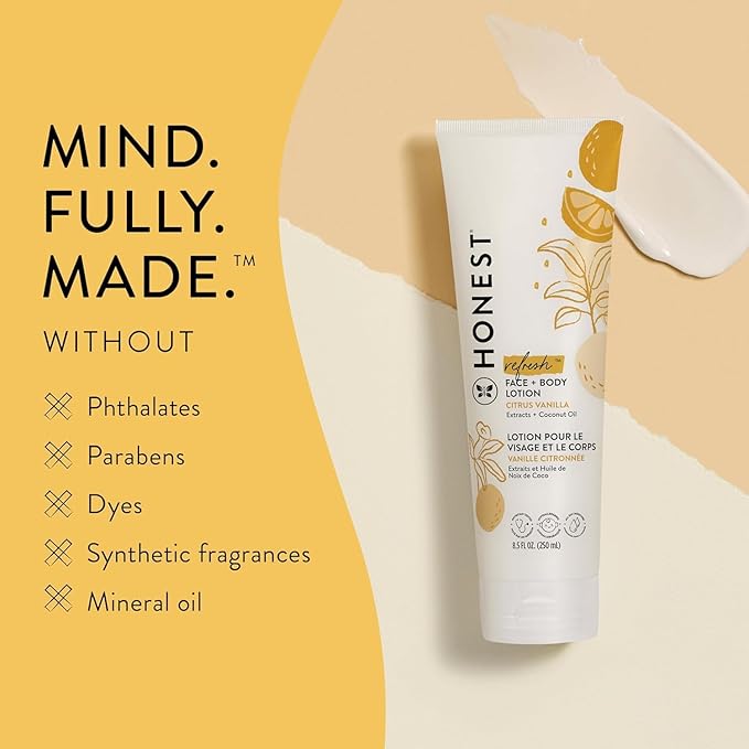 The Honest Company Hydrating Face and Body Lotion, Fast Absorbing, Naturally Derived Hypoallergenic, Citrus Vanilla Refresh, 8.5 fl oz