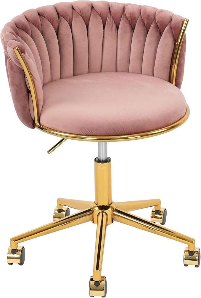 Velvet Woven Home Office Chair, Modern Swivel Desk Chair with Wheels, Height Adjustable Vanity Chair with Gold Metal Base and Hand Weaving Back for Bedroom Study Small Space, Pink