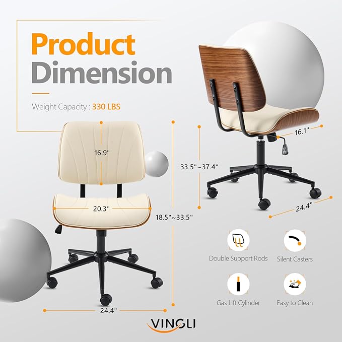 VINGLI Wide Curved Seat&Back Armless Home Office Chair,Ergoromic Adjustable-Height Desk Chair,Swivel&Tilting Function,Stylish Walnut Task Chair for Meeing Room,Dining Room,PU,Khaki