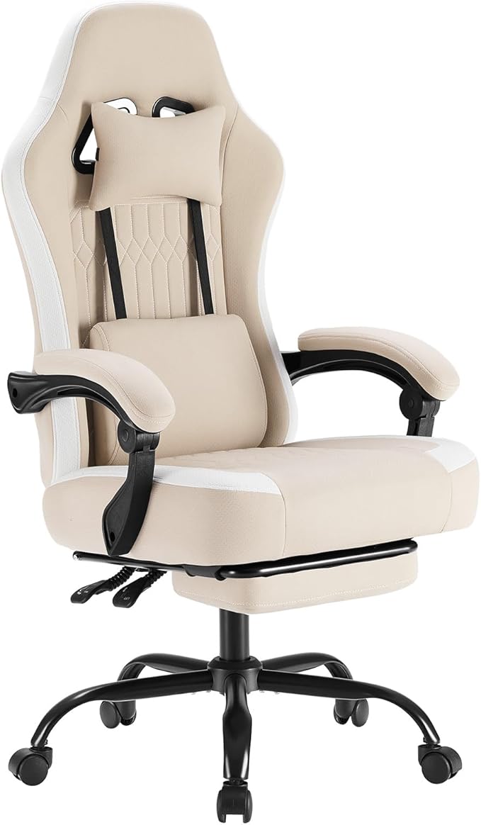 NEWBULIG Gaming Chair with Footrest – High Back Ergonomic Computer Desk Chair with Lumbar Support, Headrest, Linkage Armrests, Reclining Office Chair with 360° Swivel & Height Adjustment, Khaki