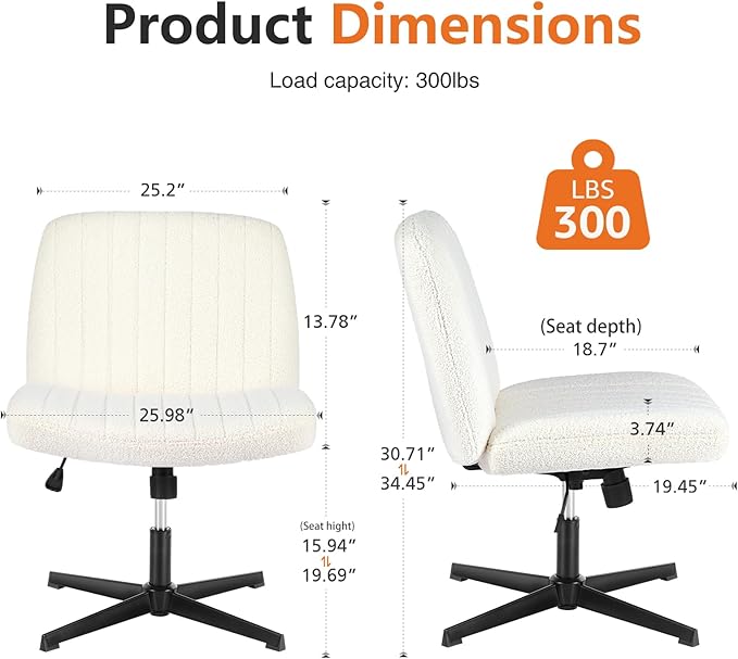 Sweetcrispy Criss Cross Chair Legged, Armless Office Wide Desk Chair No Wheels, Swivel Vanity Height Adjustable Fabric Modern Computer Task Seating for Home - Teddy Beige
