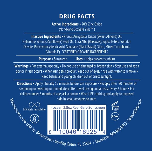 4ocean Reef-Safe Sunscreen SPF 40 - Broad Spectrum UVA/UVB Protection - Ocean-Friendly, Water-Resistant, Non-Nano Zinc Oxide Formula - 2.8 oz (Each tin funds removal of 1 pound of trash)