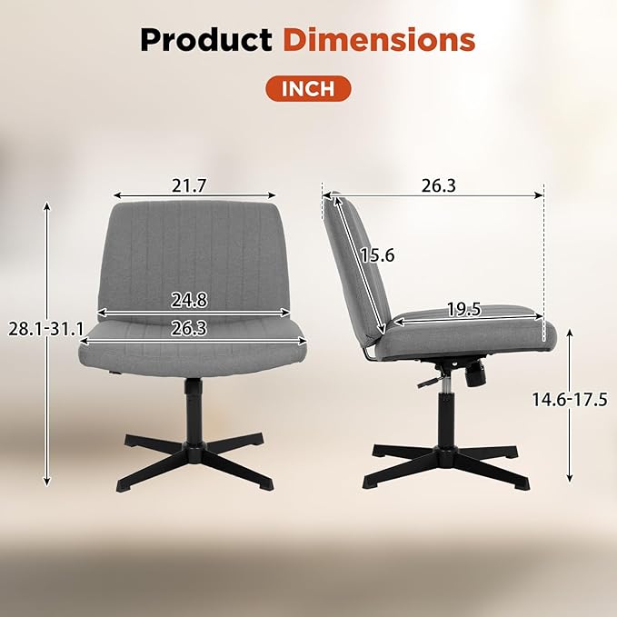 PayLessHere | Criss Cross Chair | Grey | Wide, Armless Desk Chair Without Wheels | 360 Swivel, Height Adjustable & Stable Metal Base | for Office, Home Office, Vanity Seating