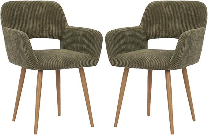 KCC Small Modern Dining Room Arm Chairs Set of 2, Mid-Century Upholstered Corduroy Fabric Side Seat Club Guest with Metal Tube Legs for Kitchen, Living Room, Green