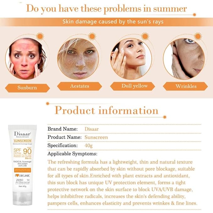 DISAAR BEAUTY Sunscreen SPF 90 PA+++, High Protection Oil-Free Sunblock with UVA/UVB Defense, Moisturizing and Lightweight Foundation Coverage, 40g (1.41oz)