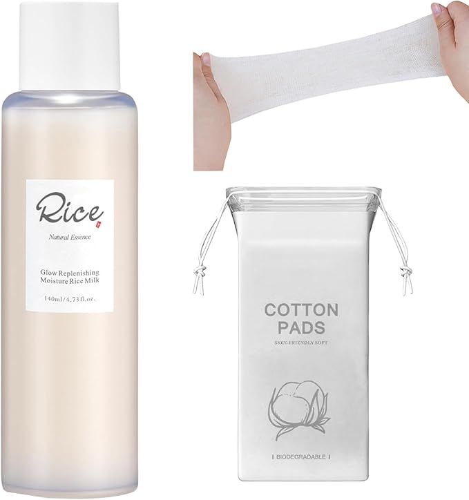 Rice Milk Facial Toner with Rice Extract & Core Protein - Hydrating Milky Toner for Oily/Combination Skin, Deep Moisturizing, Pore & Acne Care (140ml) + 100-Count Fluorescent-Free Cotton Pads