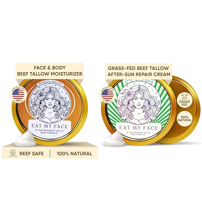 Eat My Face Tallow Moisturizer & Aloe After Sun Repair Cream Set – Grass Fed Beef Tallow Skincare with Shea, Cocoa Butter, Jojoba Oil & Vitamin E – Nourishing Vanilla Cream Duo, 4oz Each