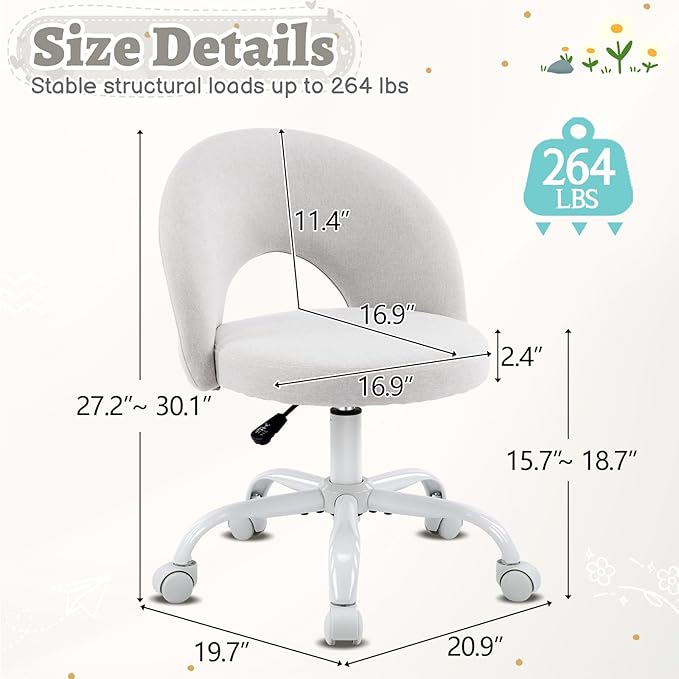 VINGLI Small Vanity Chair with Wheels for Girls.Cute Modern Adjustable Height Armless Office Desk Chair.360°Swivel Comfy Rolling Chair for Study, Make up Room,Small Space,Linen Light Gray