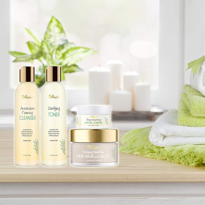 Deluvia Skin Care Set, Travel Size, Gentle Foaming Cleanser Face Wash, Clarifying Facial Toner, Face Moisturizer, Dead Sea Mud Mask, Skin Care Products Deluxe Facial Kit