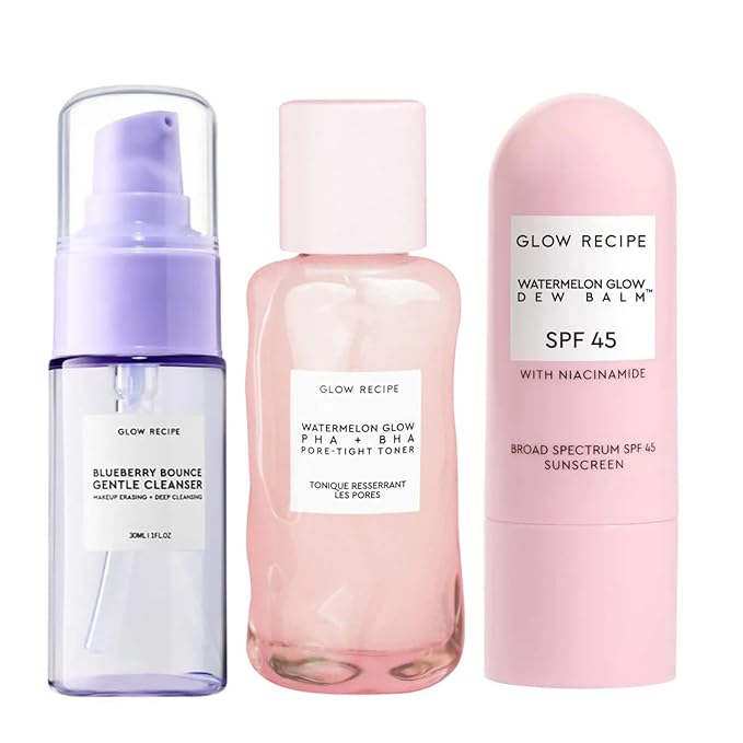 Glow Recipe Blueberry Bounce Gentle Face Cleanser & Makeup Remover with Exfoliating AHA (30 ml) + PHA+BHA Face Toner (40 ml) + SPF Dew Balm Sunscreen Stick (0.58 oz) - Vegan Skincare for Glowing Skin