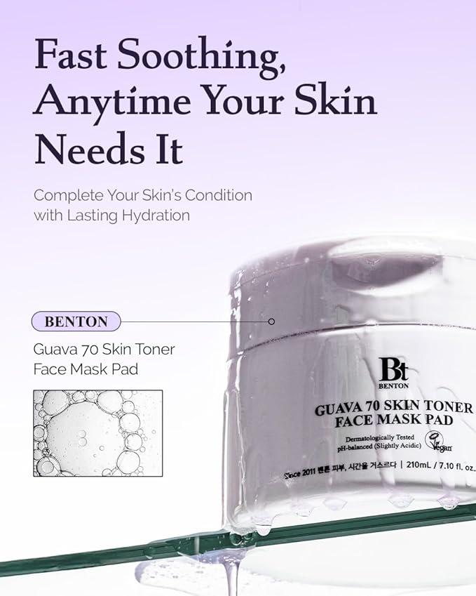 BENTON Guava 70 Skin Toner Face Mask Pad Moisturizer Hyaluronic Acid Soothing Calming Relief Pore Care for Dry Sensitive, All Skin Types Dewy Luminous Skin, Non-Drying Toner Pads, Korean Skin Care