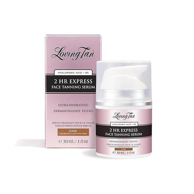 Loving Tan NEW 2 Hr Express Face Tanning Serum, Dark - Hydrating, Natural-Looking Glow Sunless Self Tanner, Dermatologist Tested, Lightweight, Naturally Derived DHA, Vegan & Cruelty-Free - 1 fl oz