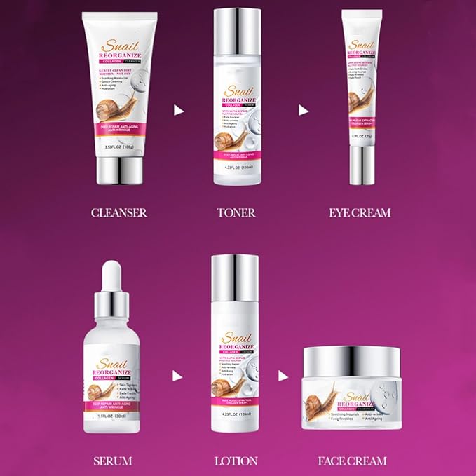 Snail Collagen Skincare Set, 6-Piece Anti-Aging Routine Kit with Cleanser, Toner, Lotion, Eye Cream, Serum, Cream, Moisturizing & Soothing Kit for Women & Men, Firms Skin & Reduces Fine Lines