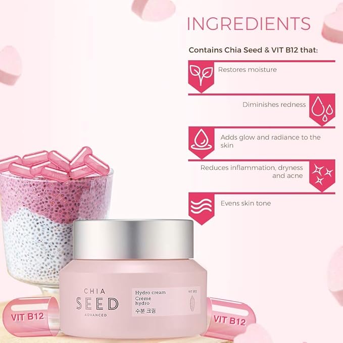 The Face Shop Chia Seed Advanced Hydro Cream | Concentrated Gel Type Hydrating Cream with Instant Cooling Effect | Formulated for Intense, Upgraded & Hydrating Care, 1.76 Fl Oz