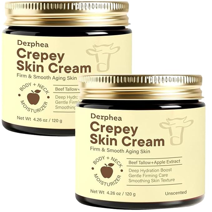 Crepey Repair Cream for Aging Skin: Crepe Skin Repair Treatment with Pure Beef Tallow, Soluble Collagen & Apple Fruit - Advanced Crepe Fix Cream for Neck, Arms, Chest, Body - Unscented 2 Pack